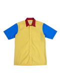 Lahad Vintage Arrow Brigade Vintage short-sleeve button-up shirt in yellow with blue sleeves and red collar.