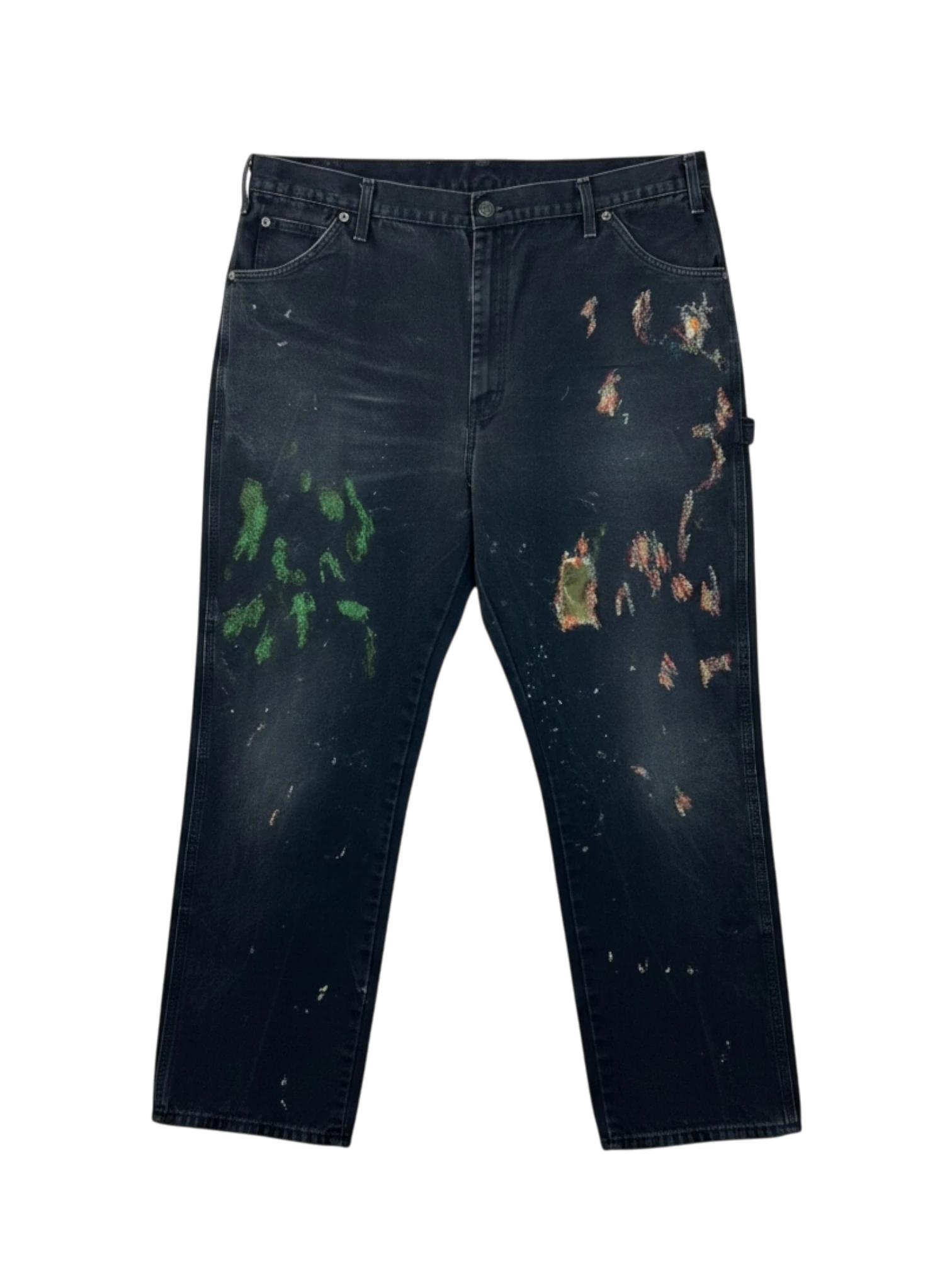 Lahad Vintage black distressed carpenter pants with paint splatters and multiple tool pockets.