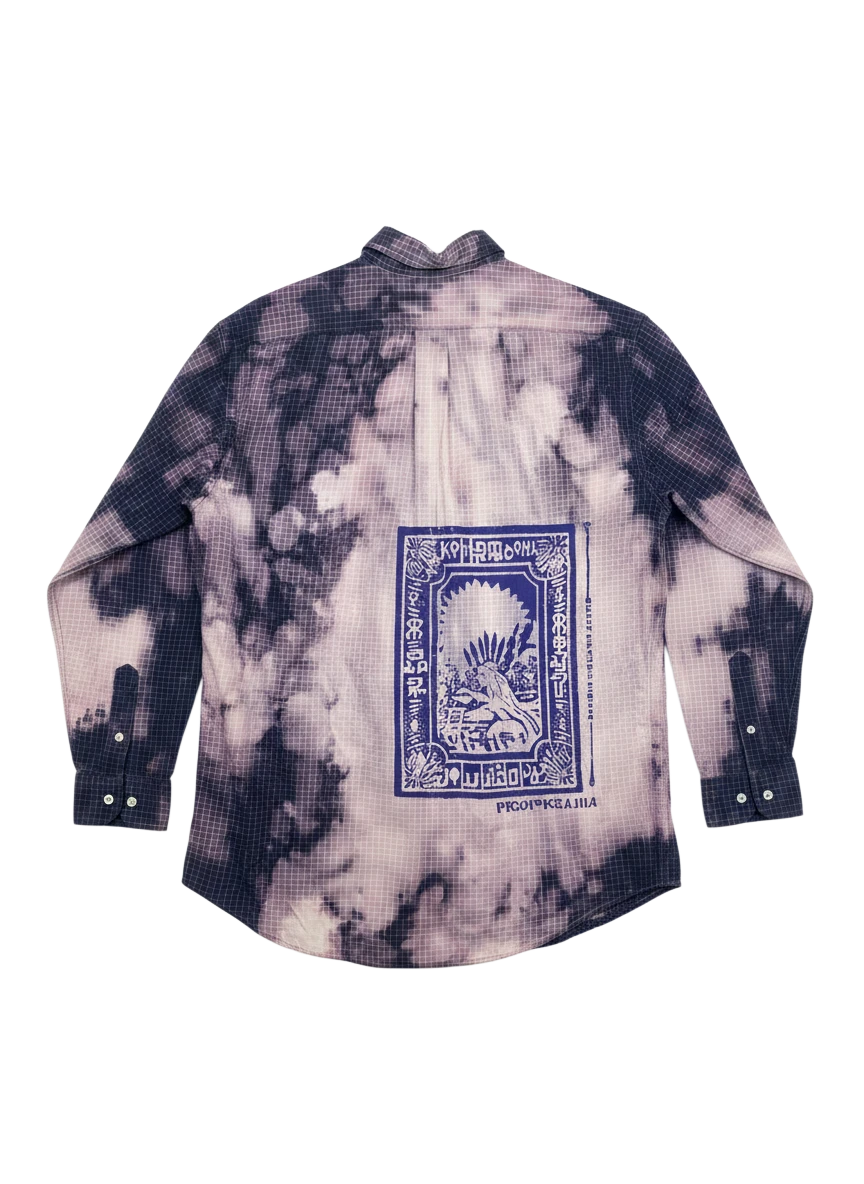 Lahad Vintage long-sleeve button-up shirt with bleach tie-dye effect and blue graphic print on back.