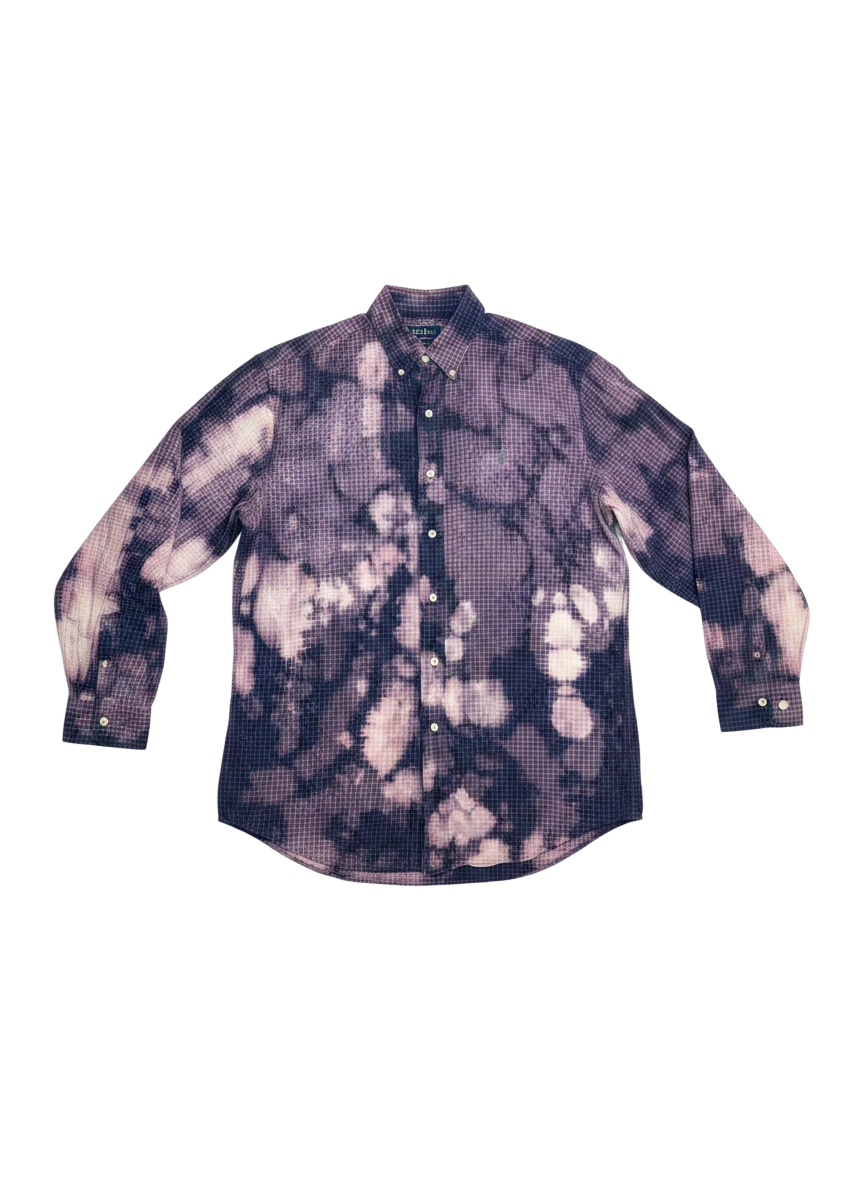 Lahad Vintage long-sleeve button-up shirt with a bleached grid pattern in navy and white.