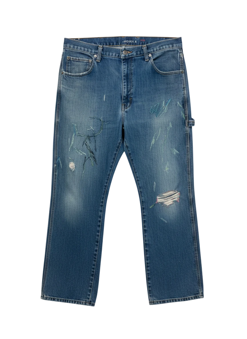 Lahad Vintage blue denim carpenter jeans with hand-stitched details, paint splatters, and distressed rips.