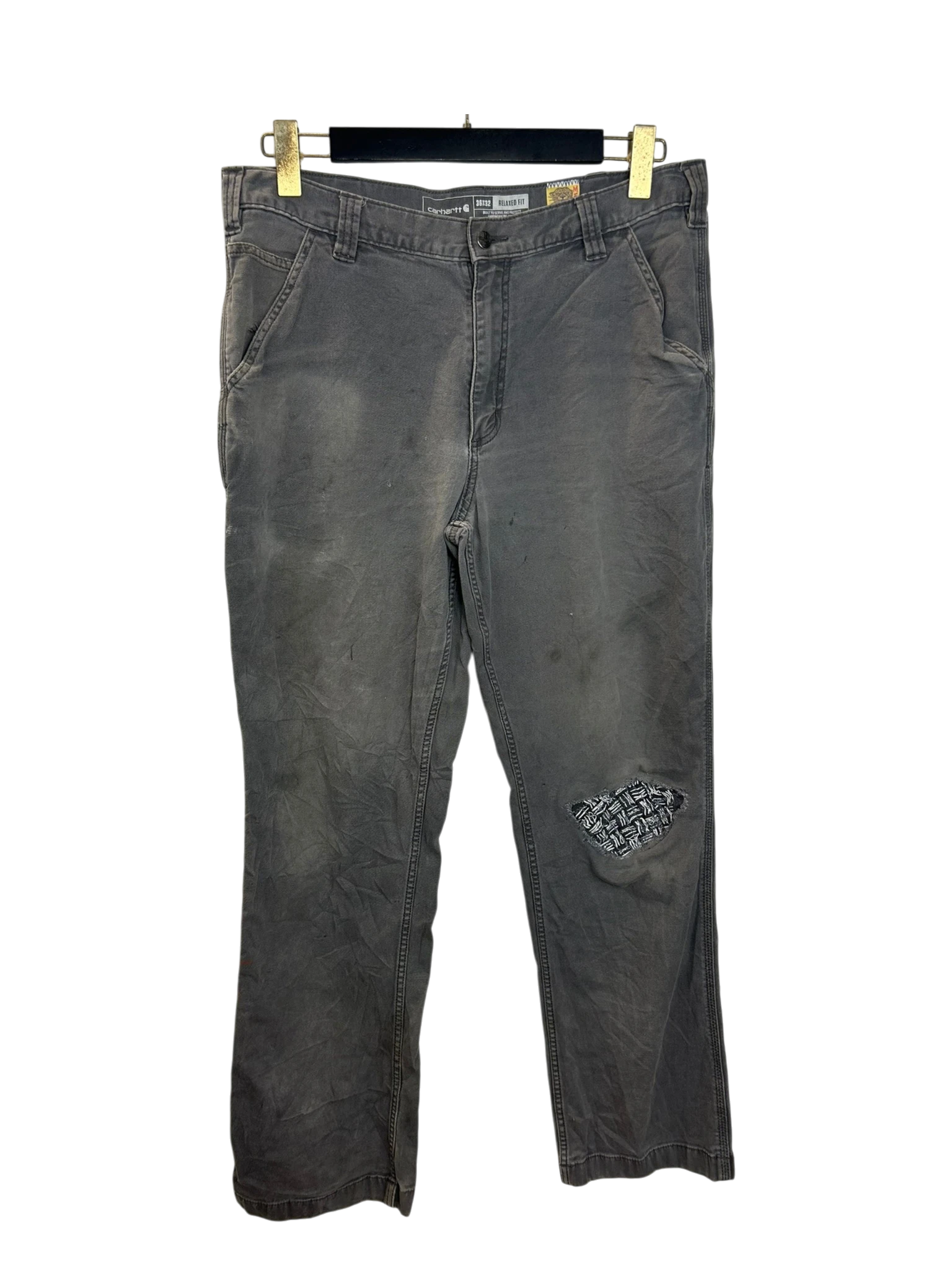 Lahad Vintage Carhartt relaxed fit charcoal grey work pants with a distressed look and a patched knee.