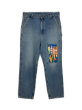 Lahad Vintage light wash denim carpenter jeans with a custom patch of colourful fish on the right thigh.
