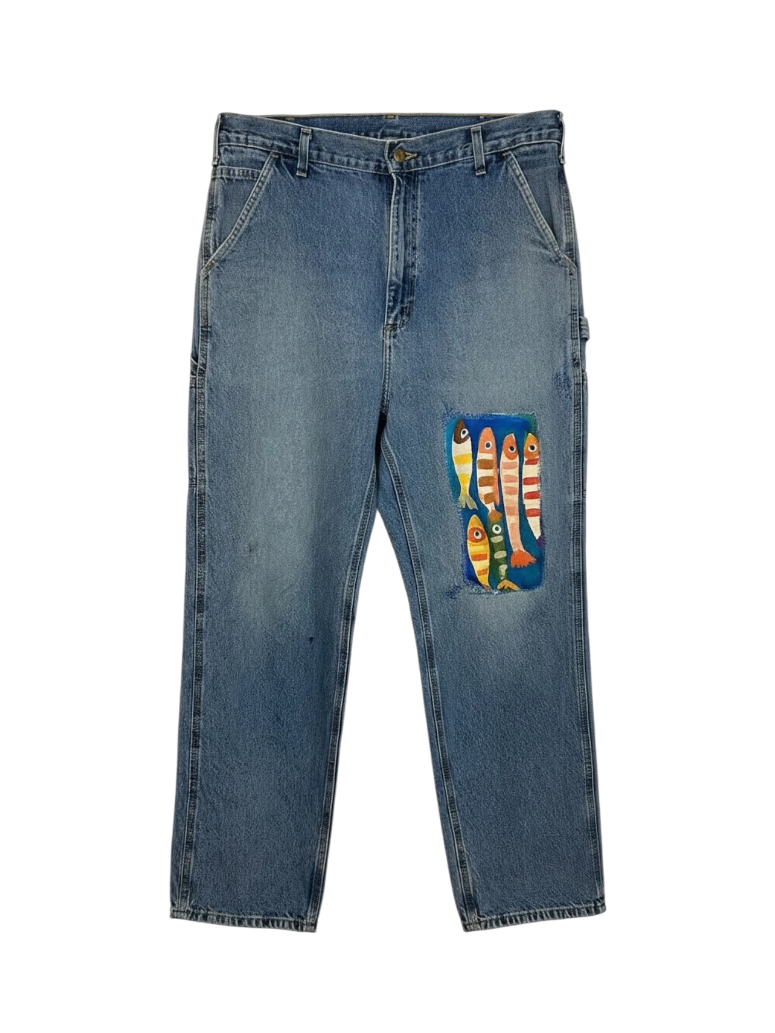 Lahad Vintage light wash denim carpenter jeans with a custom patch of colourful fish on the right thigh.