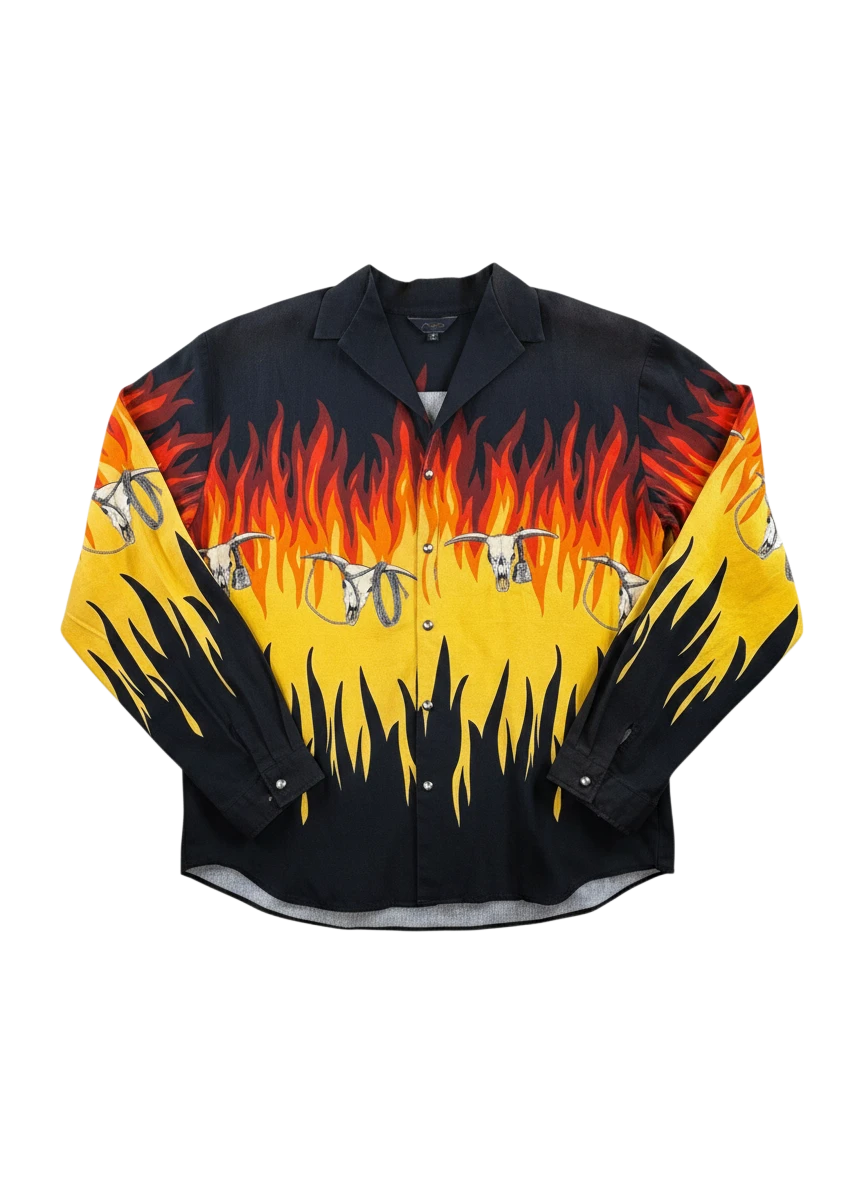 Lahad Vintage black long-sleeve shirt with a flame print and bull skull graphics.