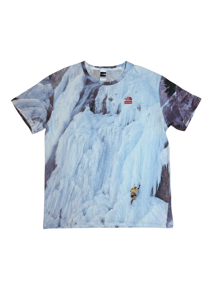 Lahad Vintage t-shirt with all-over icy mountain landscape and ice climber graphic. Features North Face and Supreme logos.