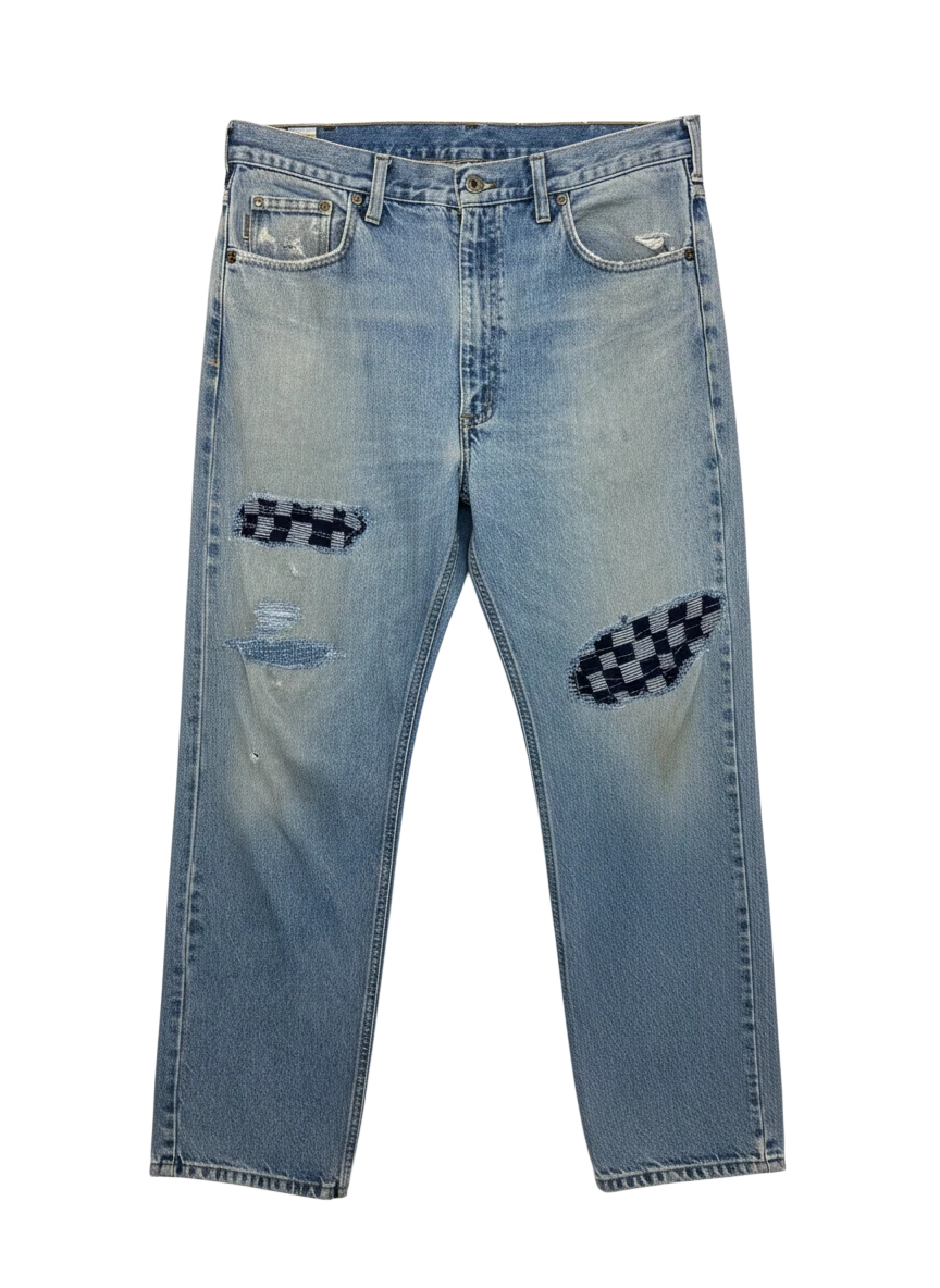 Lahad Vintage light wash denim jeans with distressed details and checkered patches on knees.