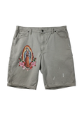 Lahad Vintage light-colored carpenter shorts with Virgin Mary and rose graphic on left leg, paint splatters.