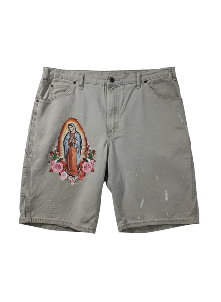 Lahad Vintage light-colored carpenter shorts with Virgin Mary and rose graphic on left leg, paint splatters.