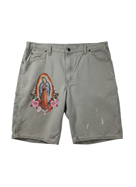 Lahad Vintage light-colored carpenter shorts with Virgin Mary and rose graphic on left leg, paint splatters.