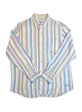 Lahad Vintage pastel striped long-sleeve linen button-up shirt with a chest pocket and embroidered logo.