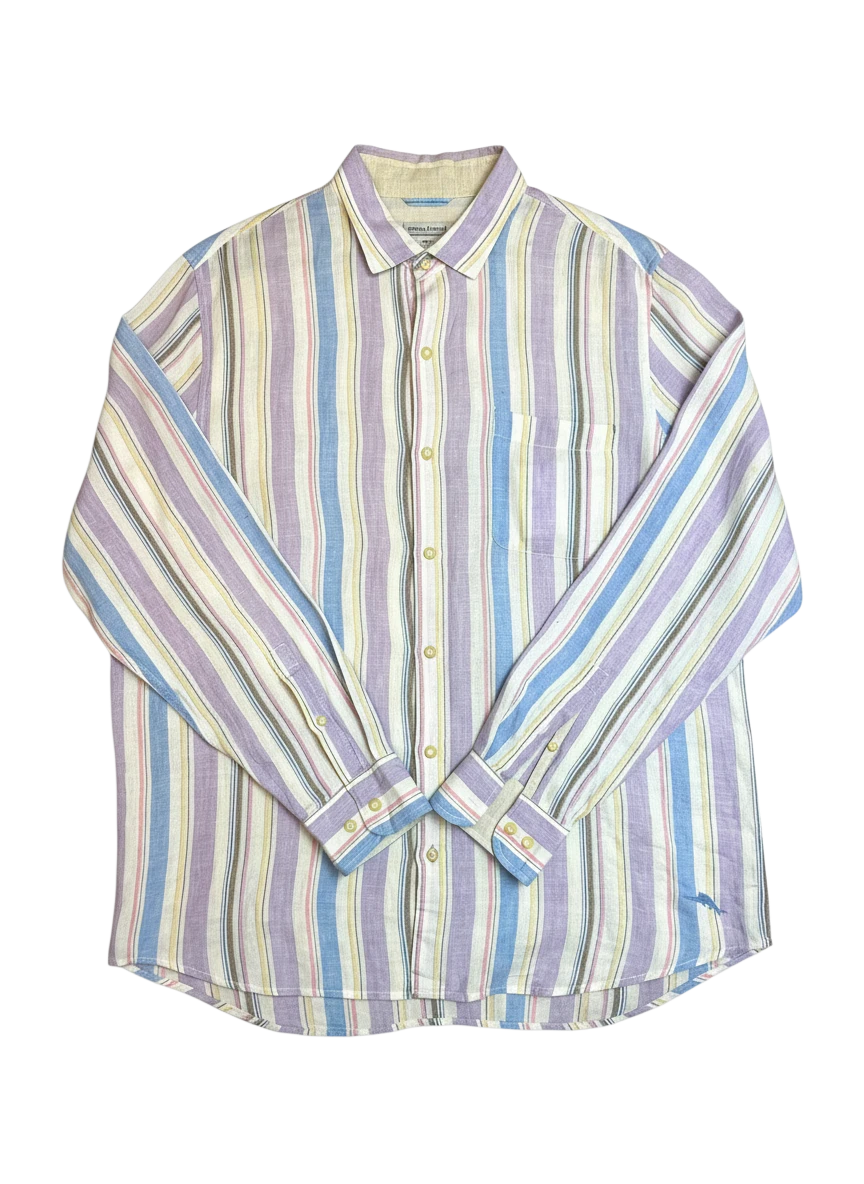 Lahad Vintage pastel striped long-sleeve linen button-up shirt with a chest pocket and embroidered logo.
