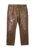 Lahad Vintage custom brown canvas carpenter pants with purple paint splatters and Metukan stitching. Unique workwear style.