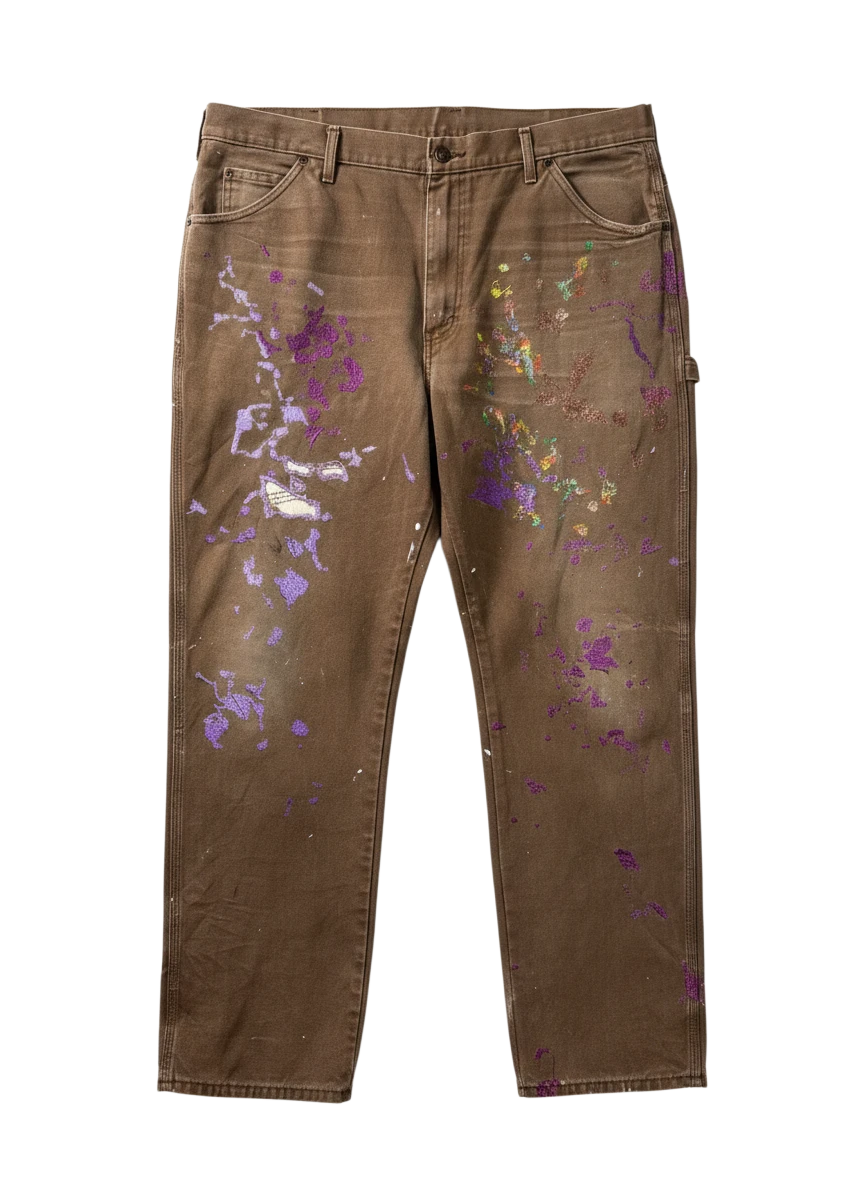Lahad Vintage custom brown canvas carpenter pants with purple paint splatters and Metukan stitching. Unique workwear style.