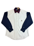 Lahad Vintage Two-Tone Tommy button-down shirt with white body, navy sleeves, and striped collar. Features chest pocket logo.