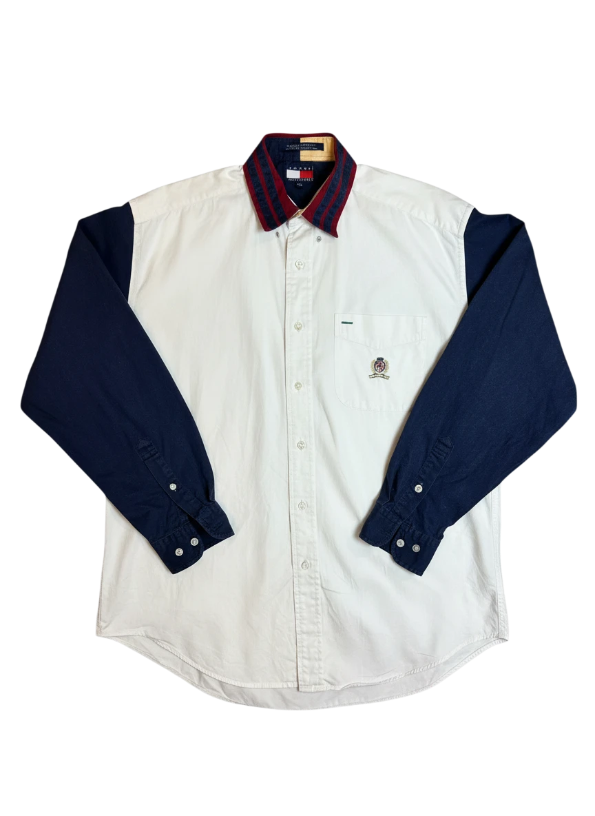 Lahad Vintage Two-Tone Tommy button-down shirt with white body, navy sleeves, and striped collar. Features chest pocket logo.