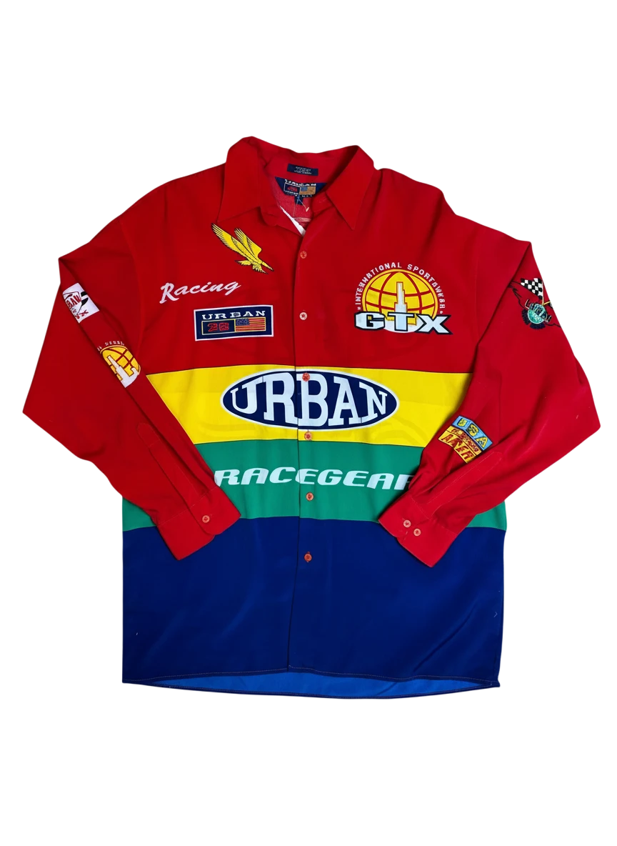 Lahad Vintage long-sleeve button-up shirt with color-block design in red, yellow, green, and blue. Features racing patches and graphics.