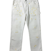 Lahad Vintage white canvas carpenter pants with embroidered daisy flowers throughout. Relaxed fit, utility style.