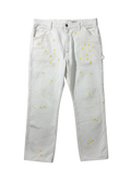 Lahad Vintage white canvas carpenter pants with embroidered daisy flowers throughout. Relaxed fit, utility style.