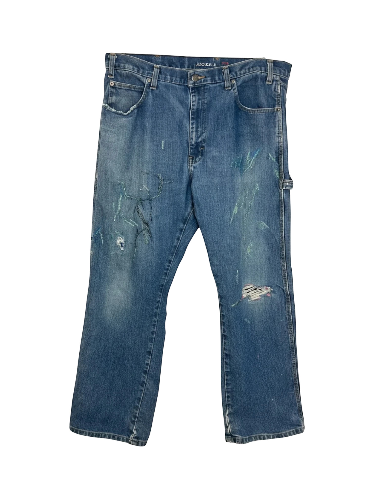 Lahad Vintage blue denim jeans with distressed details, rips, and painted accents.
