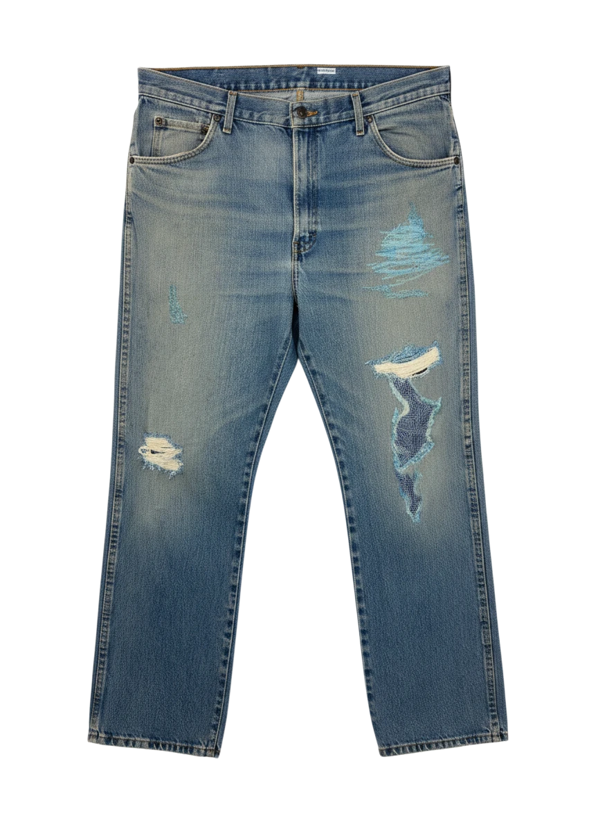 Lahad Vintage light wash denim jeans with distressed rips and blue embroidered patches on the legs.