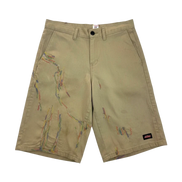 Lahad Vintage tan Dickies shorts with colorful embroidered abstract pattern and distressed details.