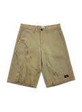 Lahad Vintage tan Dickies shorts with colorful embroidered abstract pattern and distressed details.