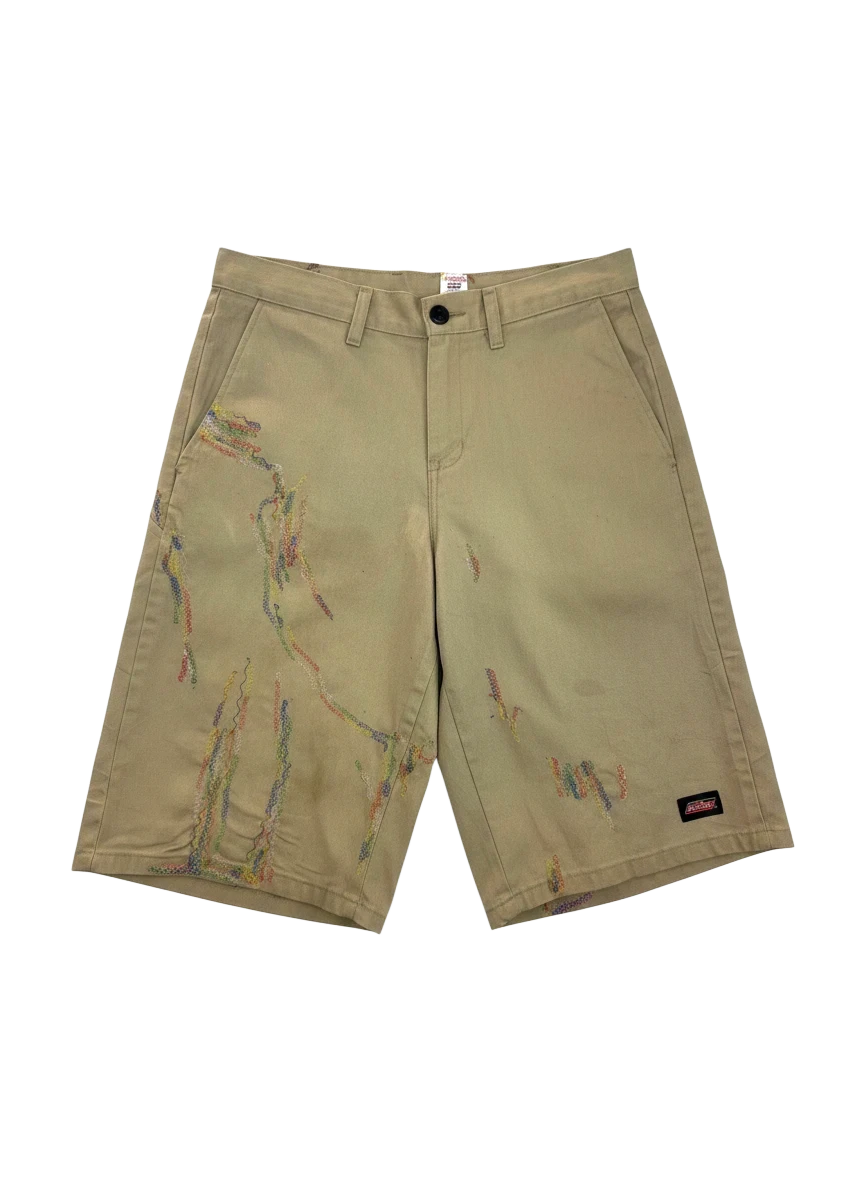 Lahad Vintage tan Dickies shorts with colorful embroidered abstract pattern and distressed details.