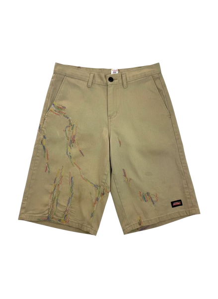 Lahad Vintage tan Dickies shorts with colorful embroidered abstract pattern and distressed details.
